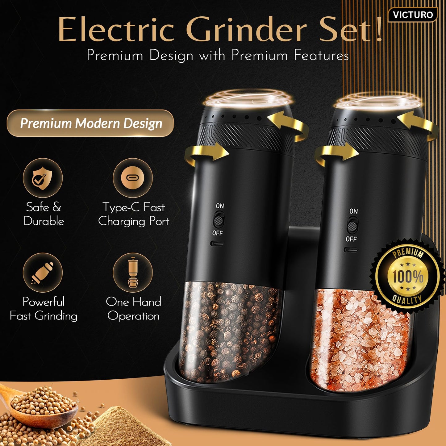 Victuro Electric Salt and Pepper Grinder Set, Automatic Refillable Salt and Pepper Grinder Set Rechargeable, One-Touch Electric Pepper Grinder, Stainless Steel Salt and Pepper Shakers Set for Kitchen