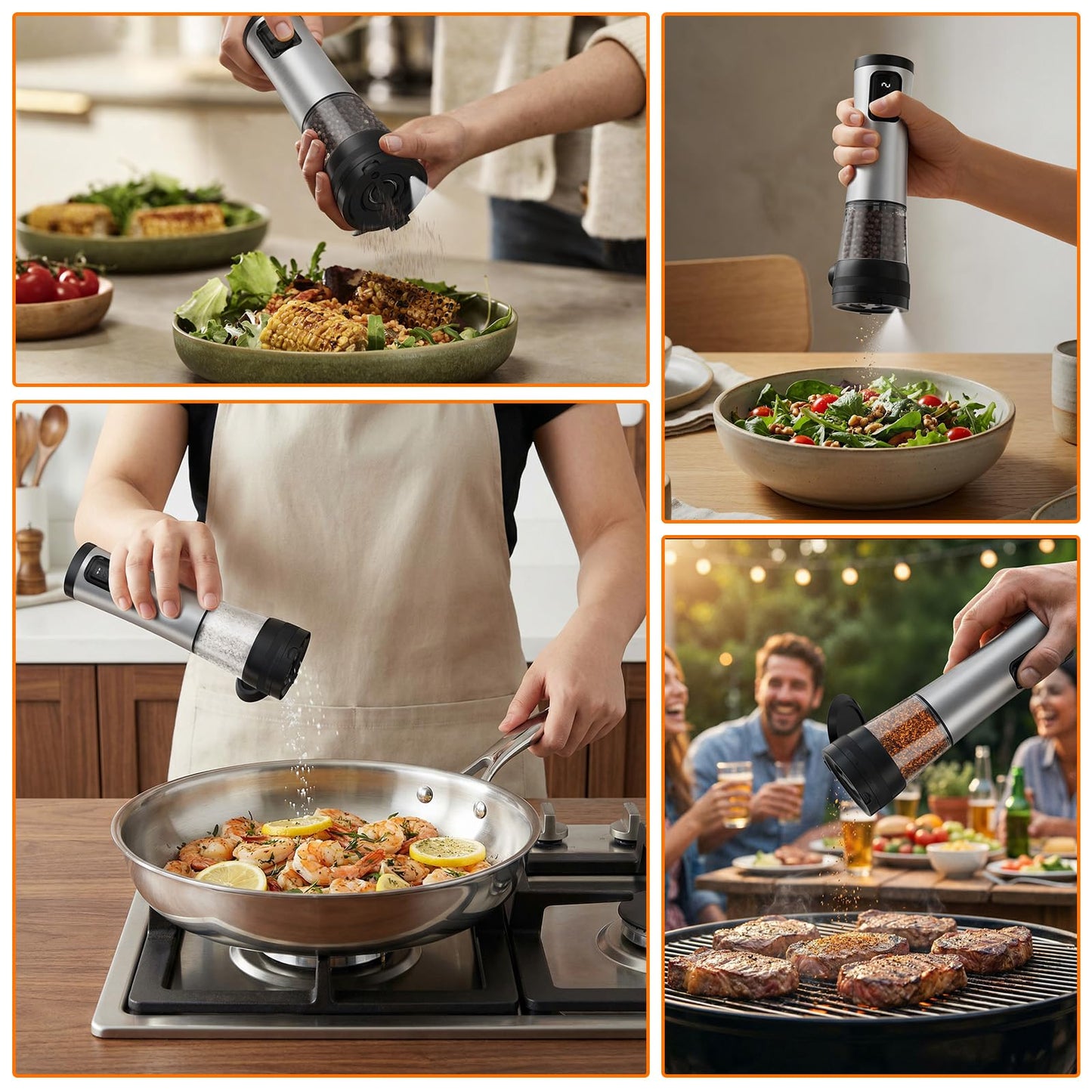 Rechargeable Electric Salt and Pepper Grinder Set with LED Light, 5-Level Adjustable Coarseness, 2-Speed Automatic Mills, 2 x 100ml Large Capacity, Black