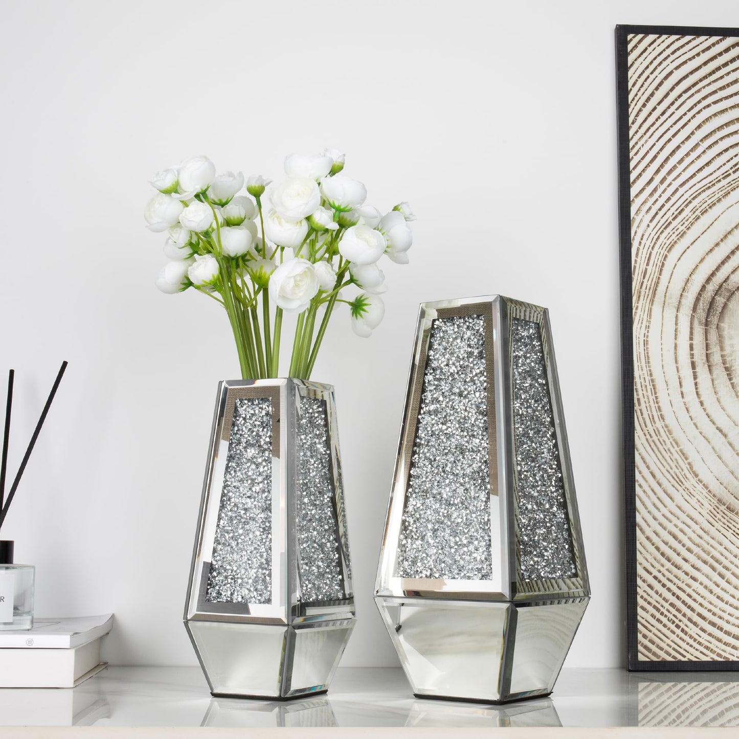 SHYFOY Crushed Diamond Mirrored Vases Set of 2, Silver Glass Flower Vases for Table Home Decor Crystal Vase for Dried Flowers Centerpieces - Can’t Hold Water