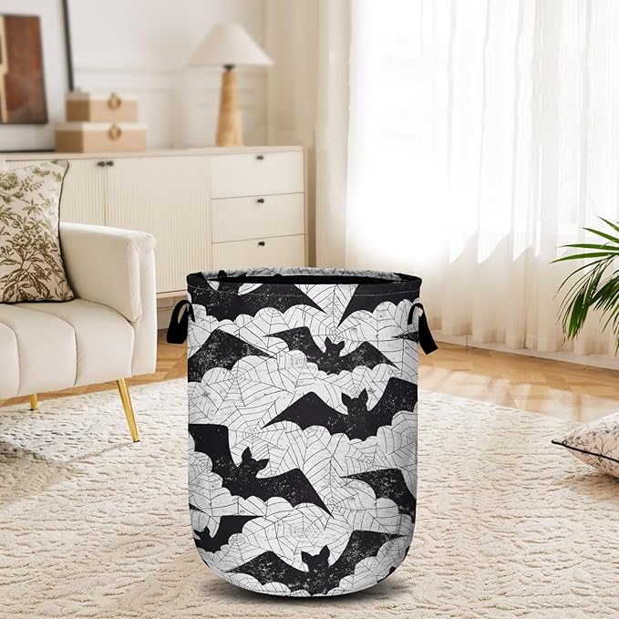 Retro Black White Bat Laundry Basket, Halloween Laundry Hamper Collapsible