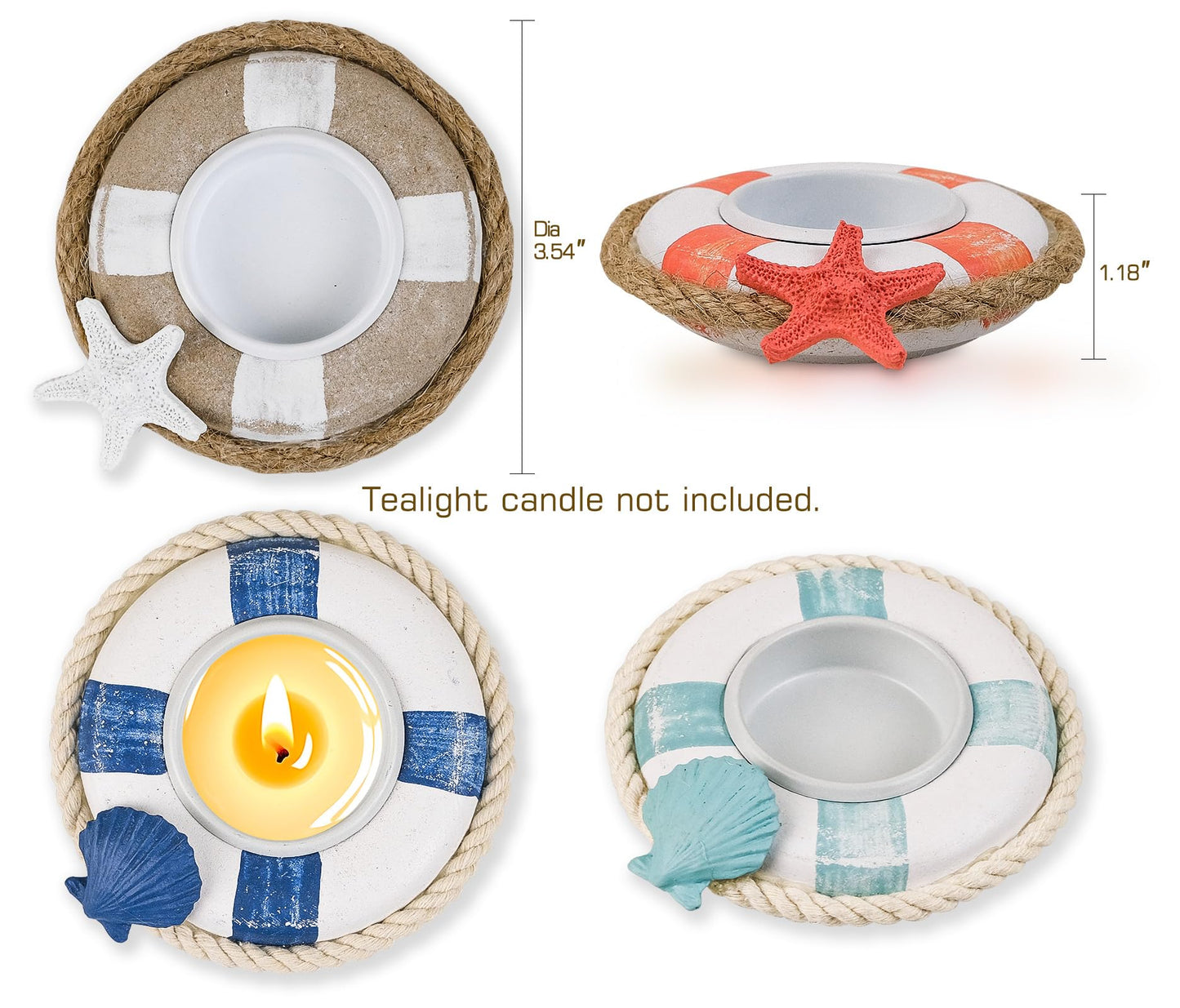 SAILINGSTORY Wooden Life Ring Tealight Candle Holder Nautical Coastal Beach Decor Votive Candle Holder Set of 4 Pack