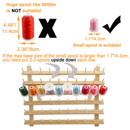 New brothread 2x60 Spools Wooden Thread Rack/Thread Holder Organizer with Hanging Hooks for Sewing, Quilting, Embroidery, Hair-braiding