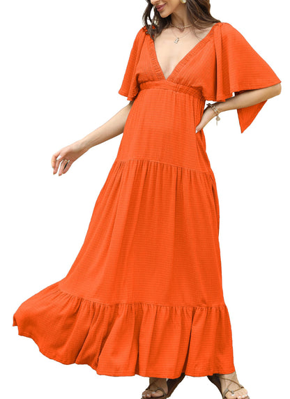 Kikibell Women Summer Dresses Sexy V-Neck Maxi Dress Tiered Silhouette with Flutter Sleeve Backless Elastic Waist Flowy Dress