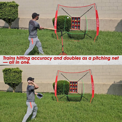 7x7ft Baseball & Softball Practice Net with Numbered Strike Zone & Batting Tee - Heavy Duty Portable Hitting Pitching Training Net for Accuracy and Swing Practice, Includes Carry Bag (7 ft x 7 ft)