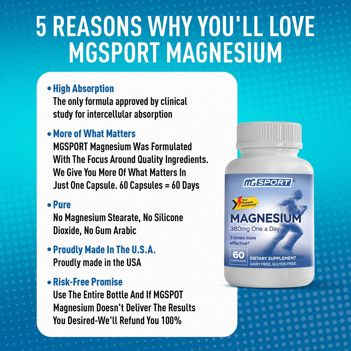 Magnesium Supplement Complex MGSPORT - High Absorption with Vitamins B6, D, E - Supports Muscle Function, 60 Servings
