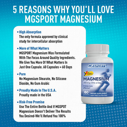 Magnesium Supplement Complex MGSPORT - High Absorption with Vitamins B6, D, E - Supports Muscle Function, 60 Servings