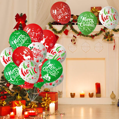 FEPITO 50Pcs Christmas Party Balloon 12 Inch White Red and Green Latex Balloons, 6 Merry Xmas Style for Decoration Party Supplies