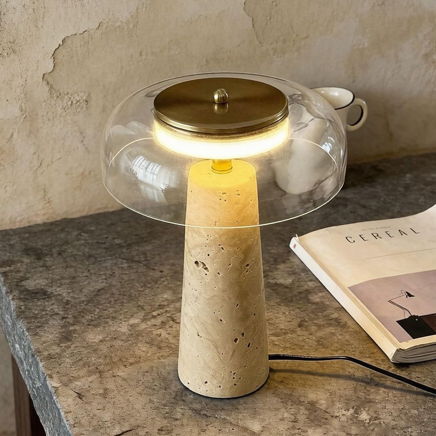 Travertine Lamp, Natural Stone Table Lamps with Glass Shade, 12W Mushroom Bedside Nightstand Light Decor for Bedroom Living Room Office Console Side Entryway Counter Gifts (Smoked Glass+Travertine)