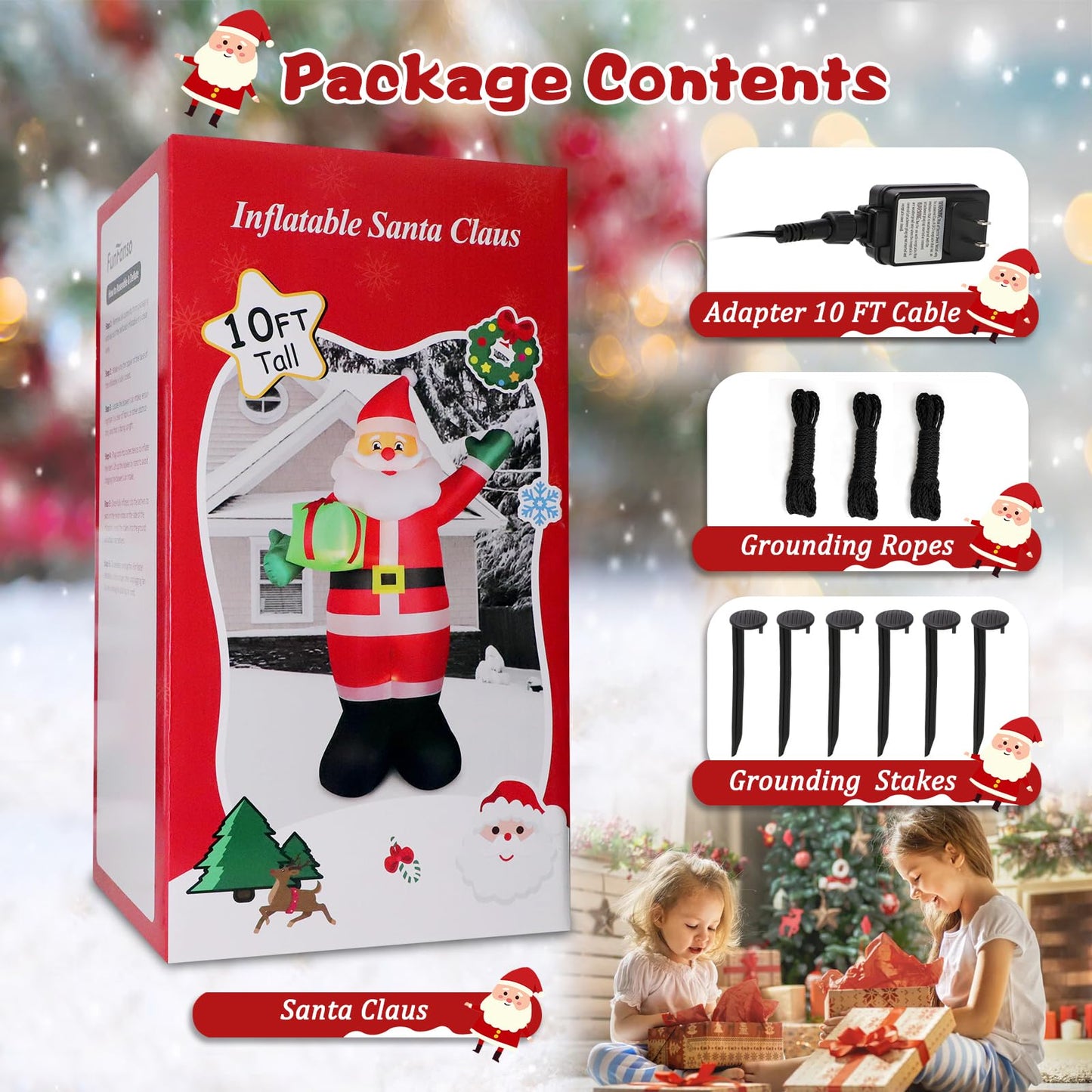 10 FT Christmas Inflatable Santa Claus Outdoor Decorations, Blow Up Santa Claus Holding Gift Box for Xmas Outside Decor, Giant Santa with Bright LED Lights for Yard Patio Garden Lawn Holiday Party