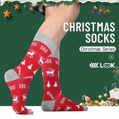 HSELL Mens Fun Patterned Dress Socks Funny Novelty Crazy Design Cotton Socks Gift for Men (4 Pairs - Christmas)
