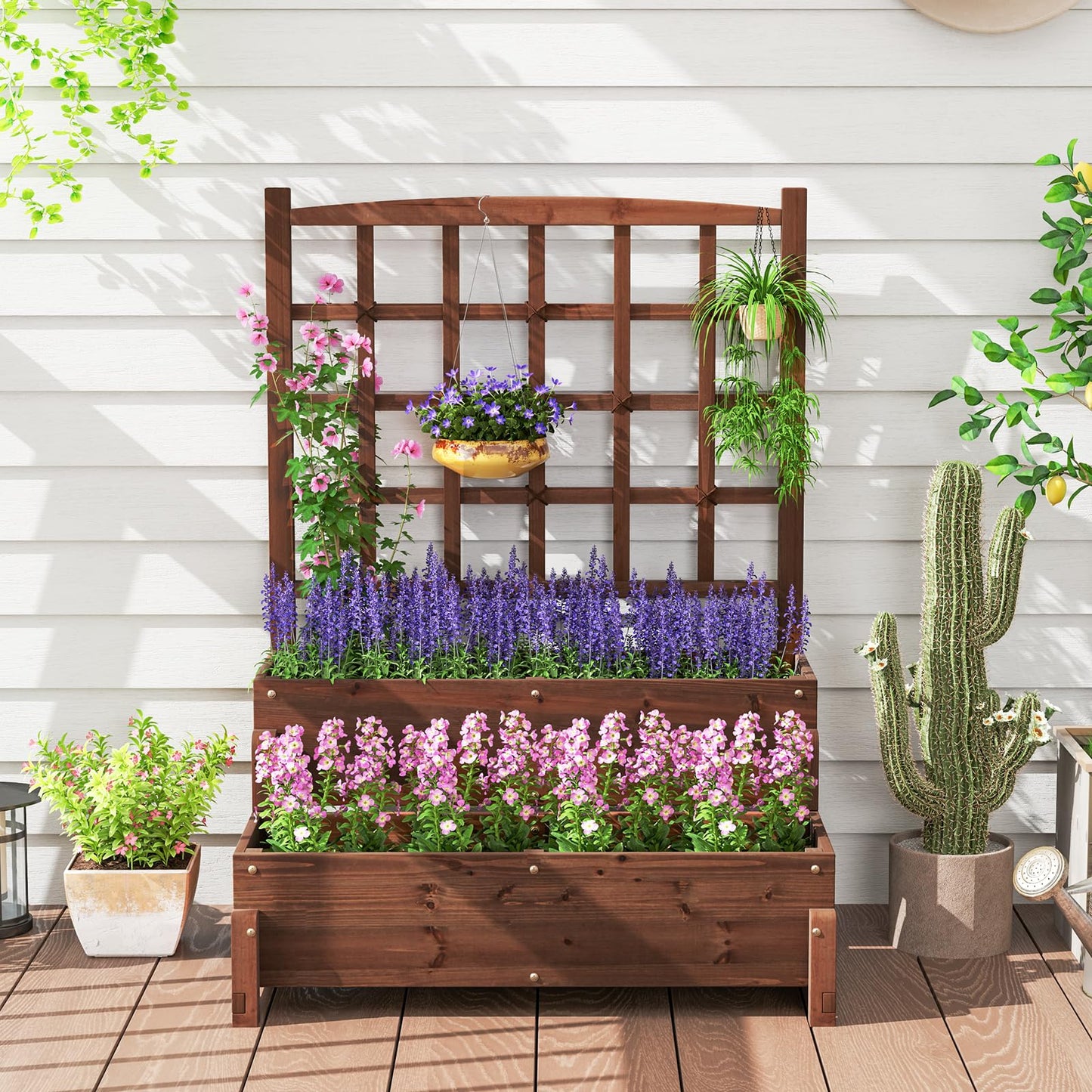 Giantex 2 Pcs Raised Garden Bed with Legs and Trellis, 2-Tier Standing Planter Box with Drain Holes, Outdoor Elevated Garden Trellis for Vine Climbing, Flower Vegetable Fruit Herb Growing