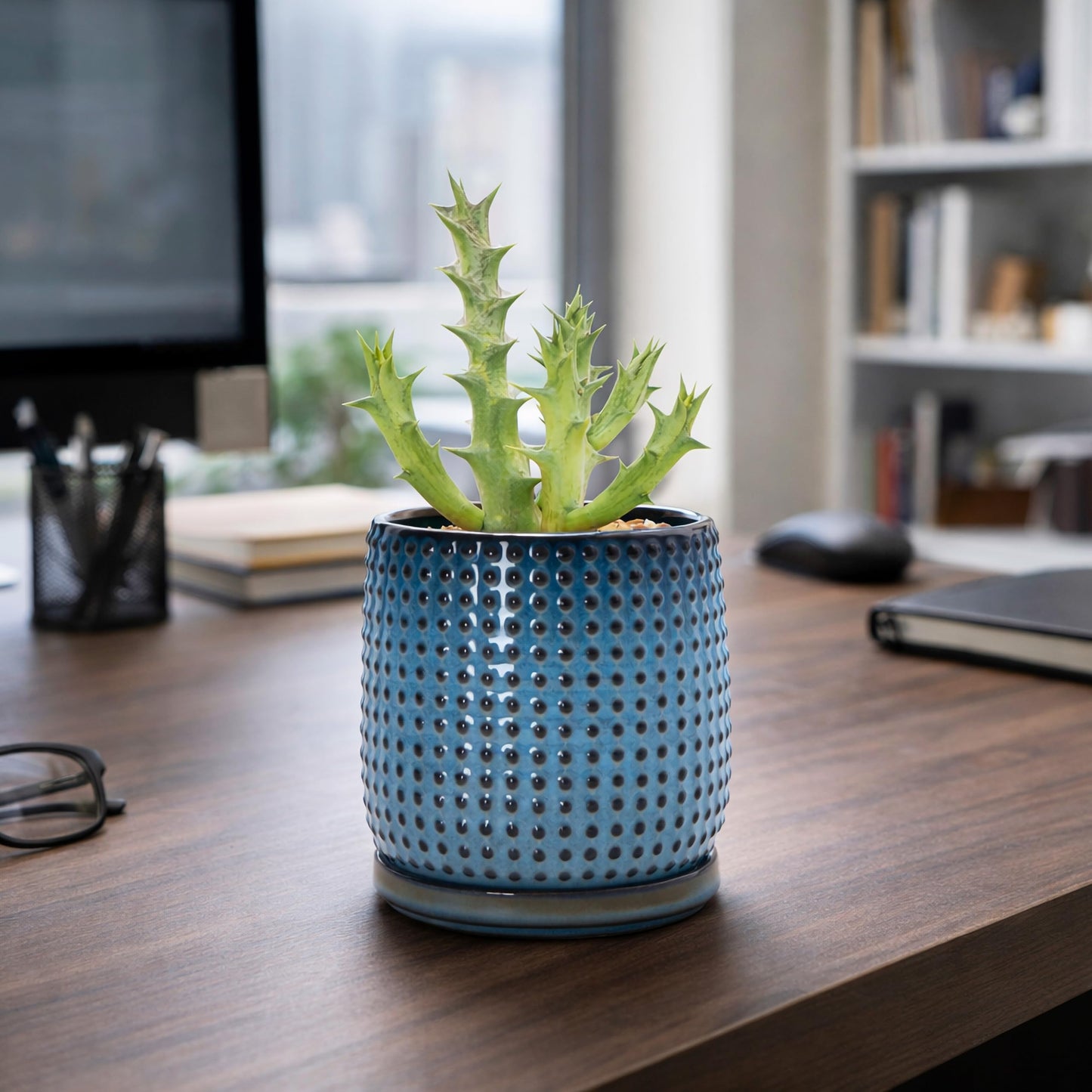 D'vine Dev 4 Inch Ceramic Beaded Stoneware Planter Pot - Flower Pot with Drainage Holes and Saucers for Indoor Succulent Plants or Flowers, Ocean Teal, 27-C-Z-8
