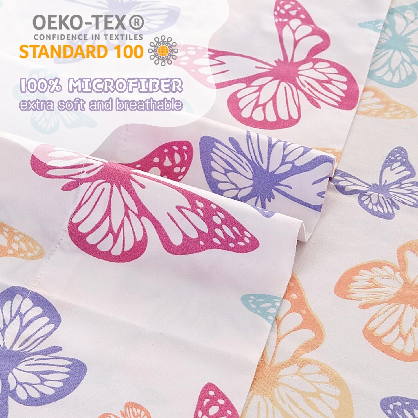 Yibeizi Butterfly Twin Sheets Set for Girls, Kids Cute Bedsheets Microfiber Deep Pocket Bed Sheet & Pillowcase Sets 3 Pieces