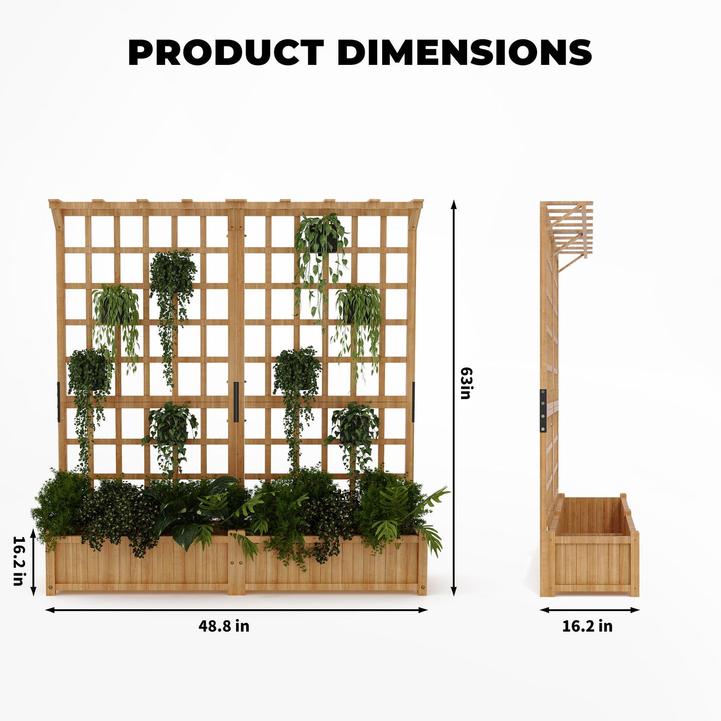GarveeLife Two-Tier Wooden Planter Box with Trellis for Outdoor Gardens, Elevated Raised Bed for Flowers and Vegetables, 1.4 ft Deep Planter with Hanging Roof & Drainage Holes