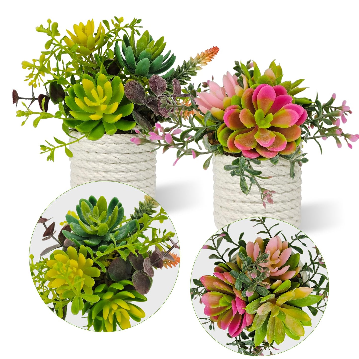 FOUSUKA Set of 2 Fake Succulents Plants Artificial Small Succulent Plants Potted for Home Decor Indoor Table Living Room Bedroom Bathroom Shelf Women Office Desk Accessories Decoration (Green)