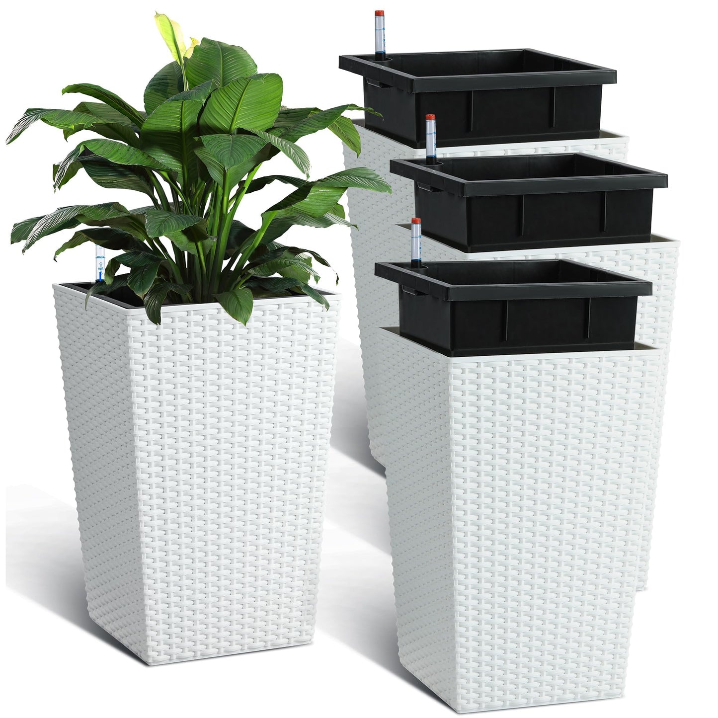 Takywep Set of 4 Tall Rattan Planters – 16" Self Watering Plant Pots with Water Level Indicator, Indoor Outdoor Planters for Patio & Porch-White