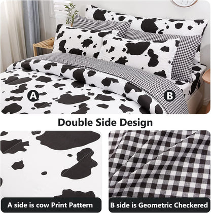 SUCSES Cow Print Full Size Comforter Sets, 8 Pieces Bed in A Bag Comforter Set with Sheets, Black and White Bedding Set for Kids Teens Boys Girls, Animal Print Cute Kid Full Size Bedding