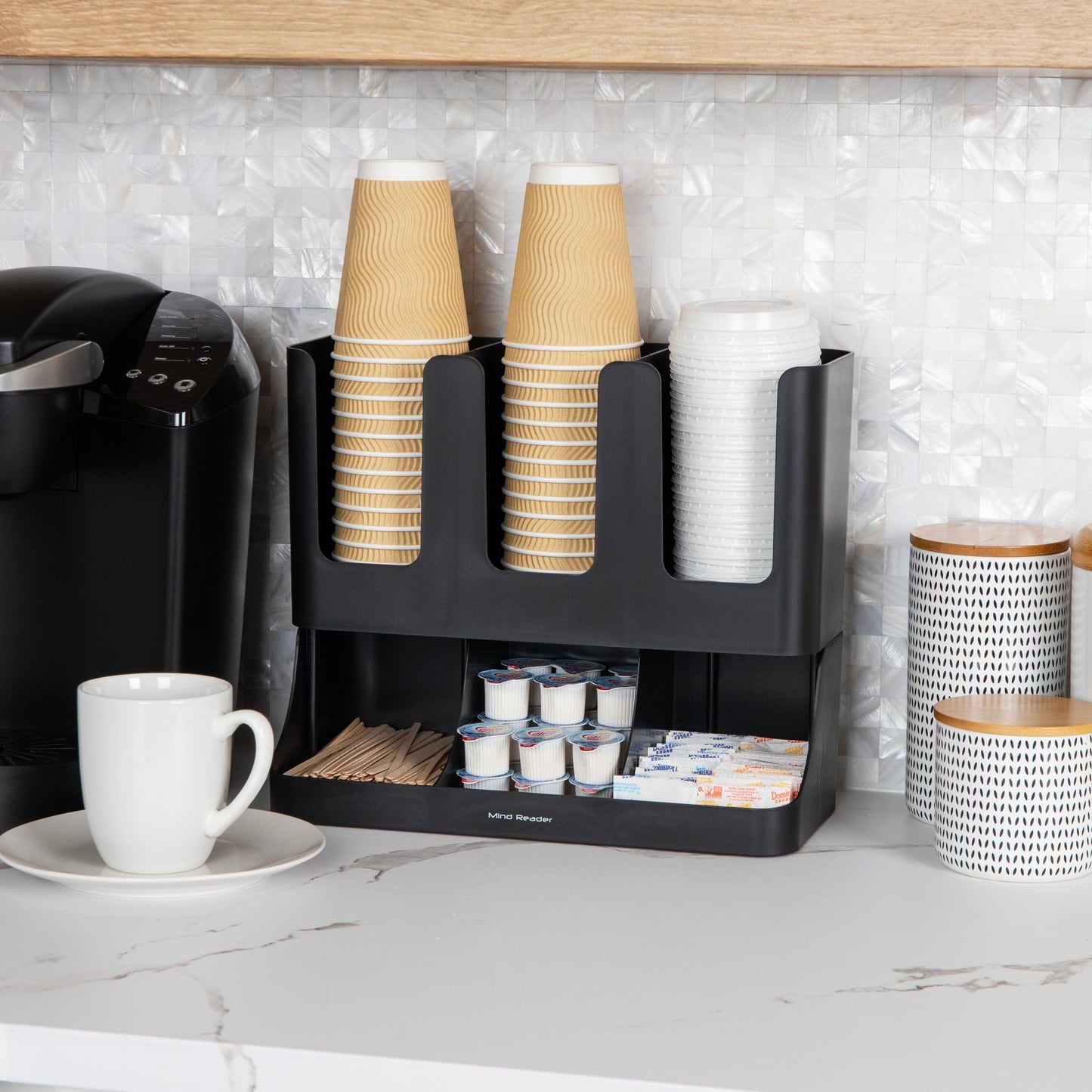 Mind Reader Condiment Station, 13 Inch Countertop Coffee Bar Organizer with 6 Compartments, Storage Caddy for Cups, Lids and Packets, Plastic, Black