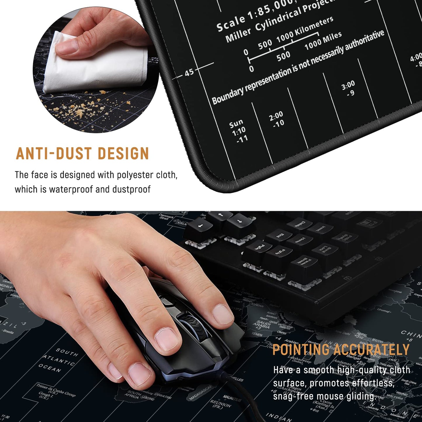 JIALONG Large Mouse Mat, Gaming Mouse Pad with Superior Micro-Weave Cloth, Comfortable Keyboard Pad, Desk Mat for Gamer Office Work Home, 900x400mm Black World Map