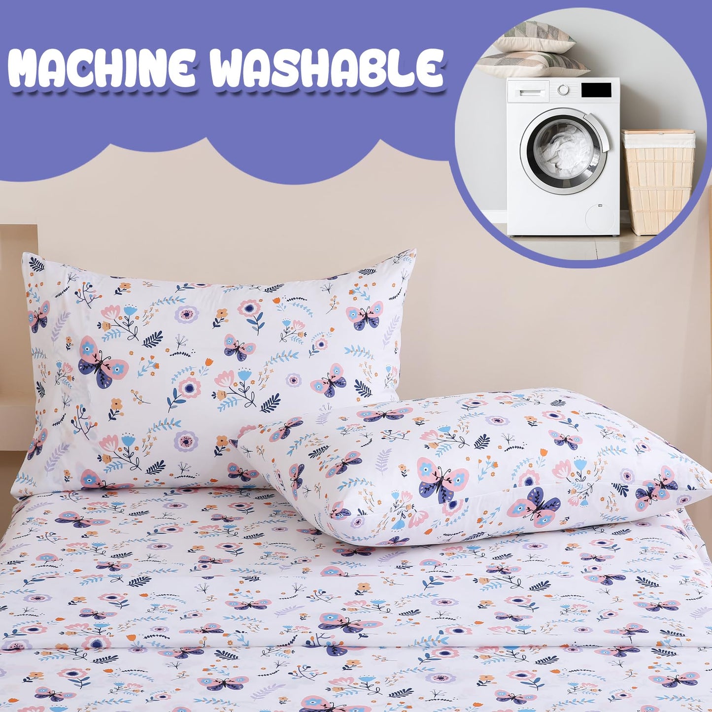 Yibeizi Butterfly Floral Sheet Set for Girls Twin, Kids Boho Print Bedsheets Microfiber Deep Pocket Cute Patterned Bed Sheet & Pillowcase Sets 3 Pieces