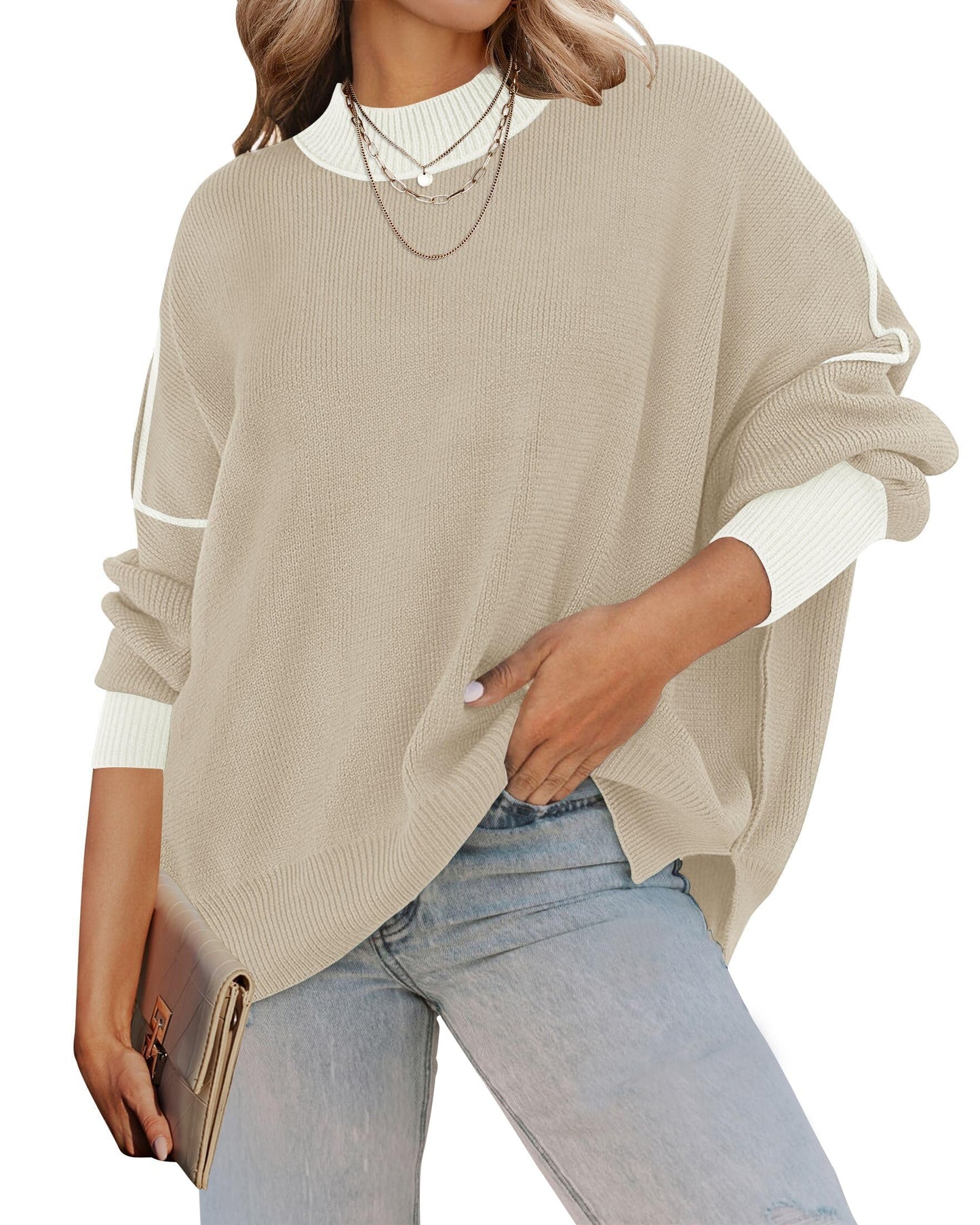 ZESICA Women's Fall 2025 Casual Long Sleeve Crew Neck Side Slit Oversized Ribbed Knit Pullover Sweater Tops