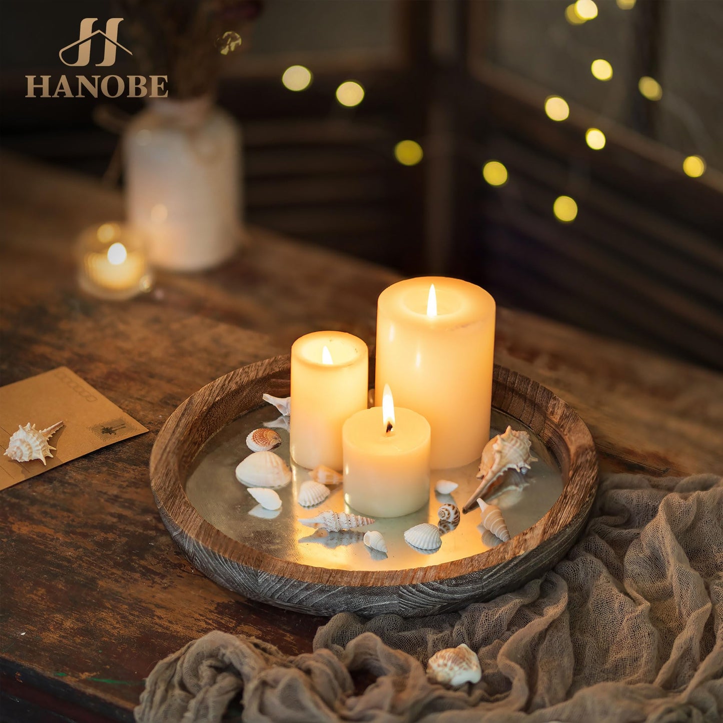 Hanobe Candle Plate Holder Tray: Round Wood Decorative Candle Plate - Rustic Farmhouse CoffeeTable Decor - Tealight Pillar Trays for Home Decor (Distressed Mirror)