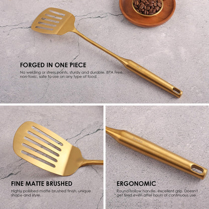 Gold Kitchen Utensils Set - 18/10 Stainless Steel Cooking Tools, 15" All Metal Serving Utensils with Fork, Solid/Slotted Spoon, Spatula, Ladle, Skimmer, Tunner, Pasta Spoon, Large Spoon, Set of 9