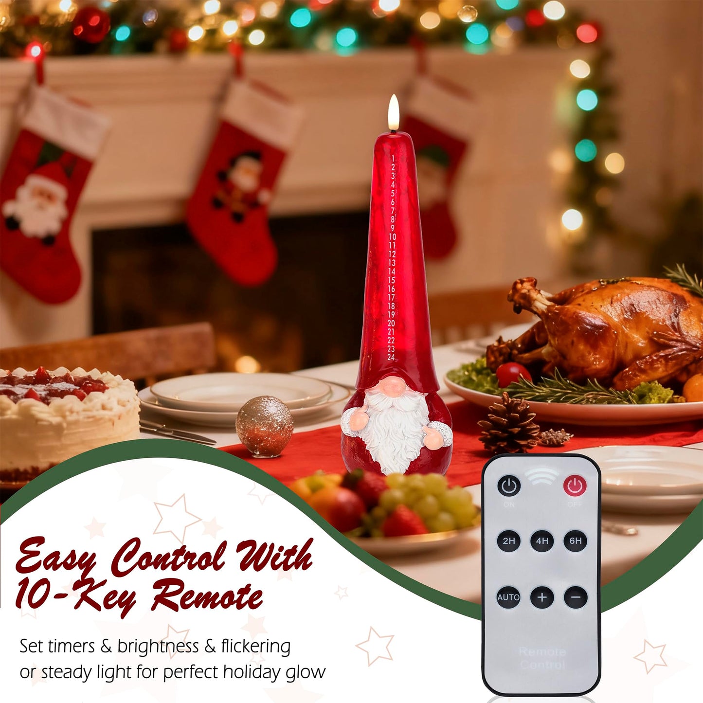 AFINETH Christmas Flameless Candles with Remote, Xmas Countdown Candle, Santa Claus Countdown to Christmas Battery Operated Candles, Red Flameless Advent Candles for Mantel Decor