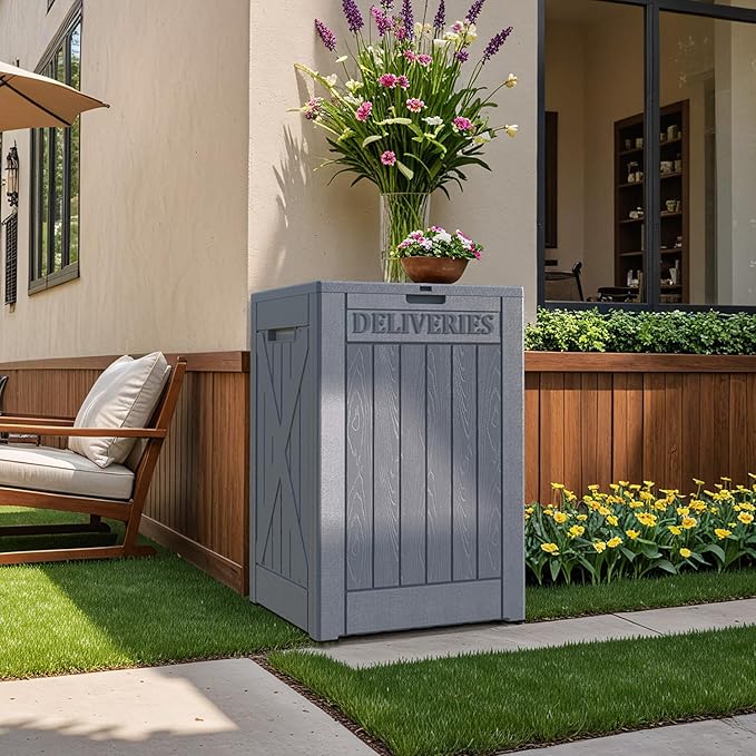 Patiowell 48-Gallon Resin Package Delivery Box for Outside, Waterproof Storage Deck Box with Lockable Secure (Grey)