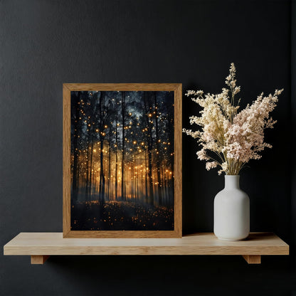 JLTULT Framed Enchanted Forest Firefly Canvas Wall Art, Dark Twilight Landscape Wall Decor, Rustic Botanical Nature Tree Art Prints for Bedroom Living Room Office Decoration 8x10 inch Easy to Hang