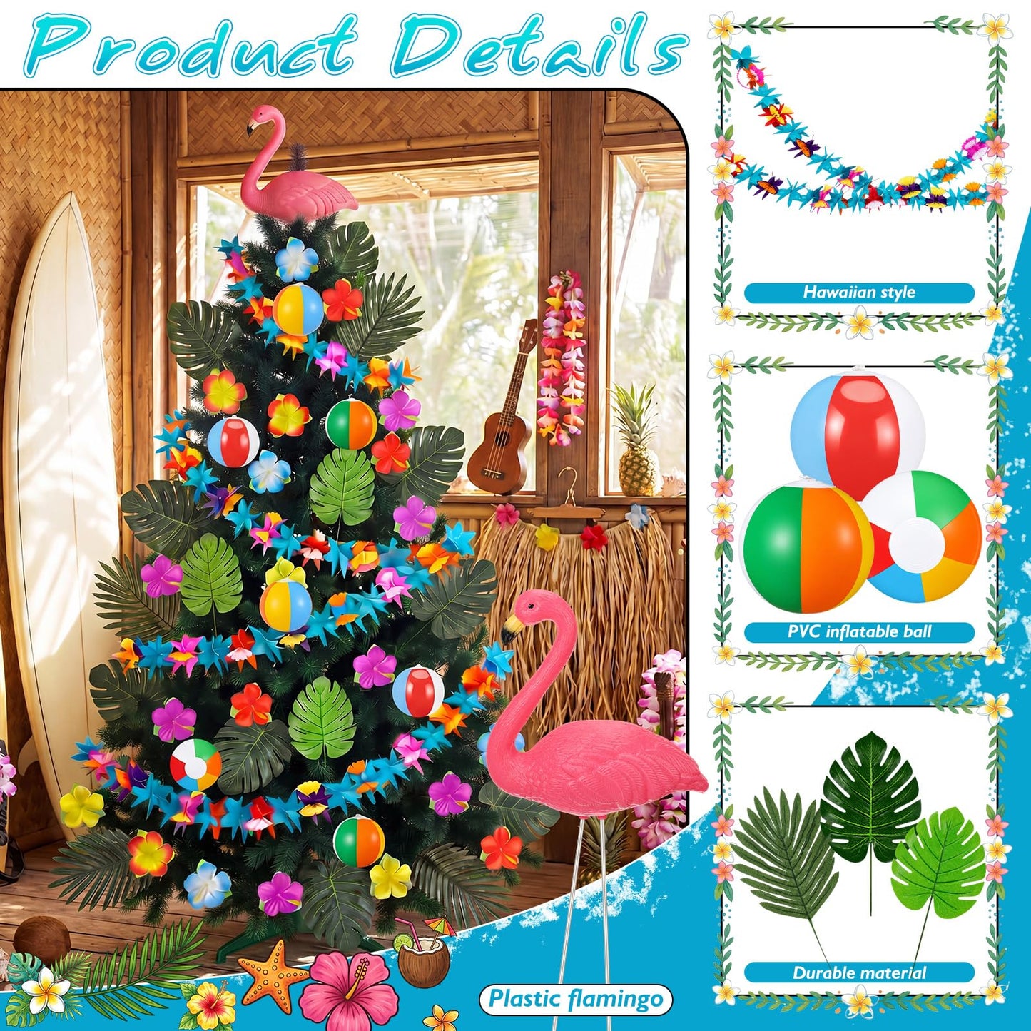 Glimin 54 Pcs Hawaiian Christmas Tree Decoration Set Tropical Flower Paper Garlands with Flamingo Tree Topper Hibiscus Flowers Palm Leaves Picks Beach Ball Ornament for Summer Hawaiian Luau Xmas Decor