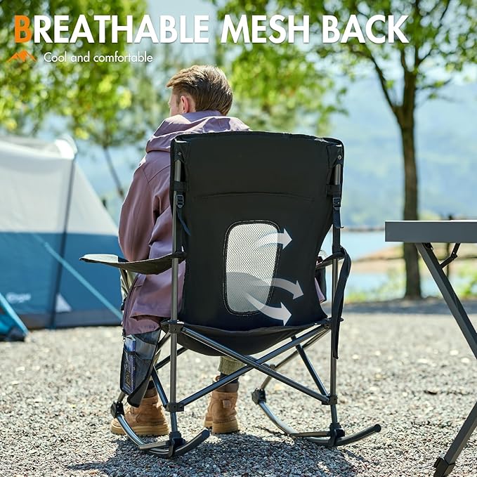 Portal Outdoor Rocking Chair Camping Folding Portable Rocker with Cup Holder Side Pocket Carry Bag, Support 350LBS (Mesh Black)