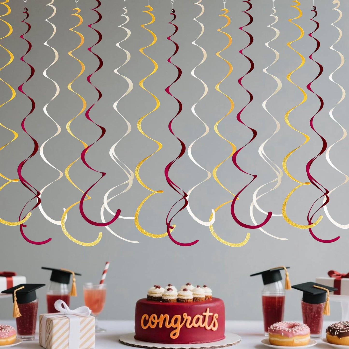 36 Pcs Maroon Gold Hanging Swirl Decorations Glitter Gold Burgundy Beige Felt Swirl Streamer Spiral Ceiling Garland for Birthday Graduation Wedding Baby Shower Retirement Anniversary Garnet Party