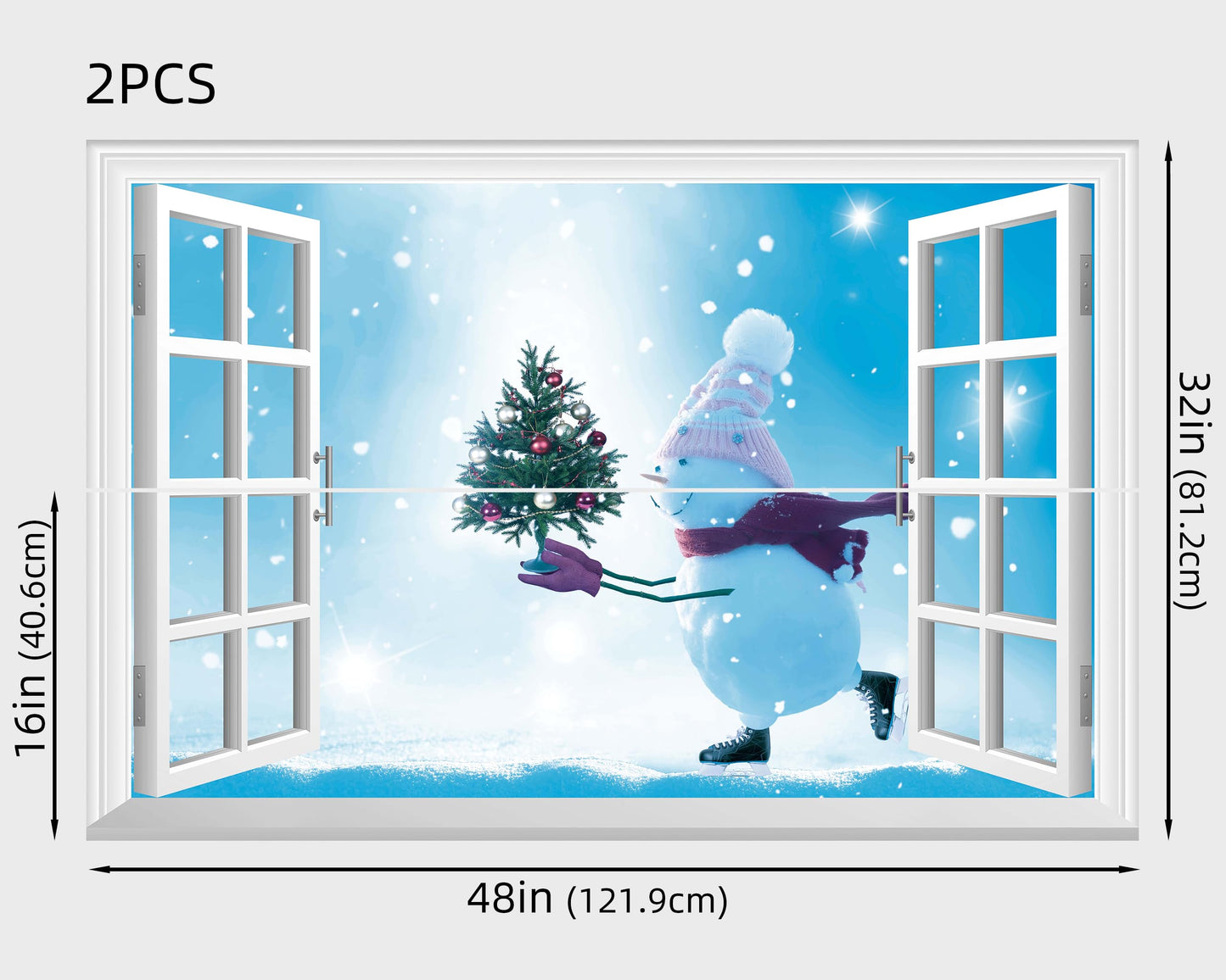 FLFK Fake Window Wall Mural - Snowman Holding a Christmas Tree Faux Window Wall Sticker for Wall Decor, Peel and Stick Wall Decals,48"x32",Set of 2 Sheets