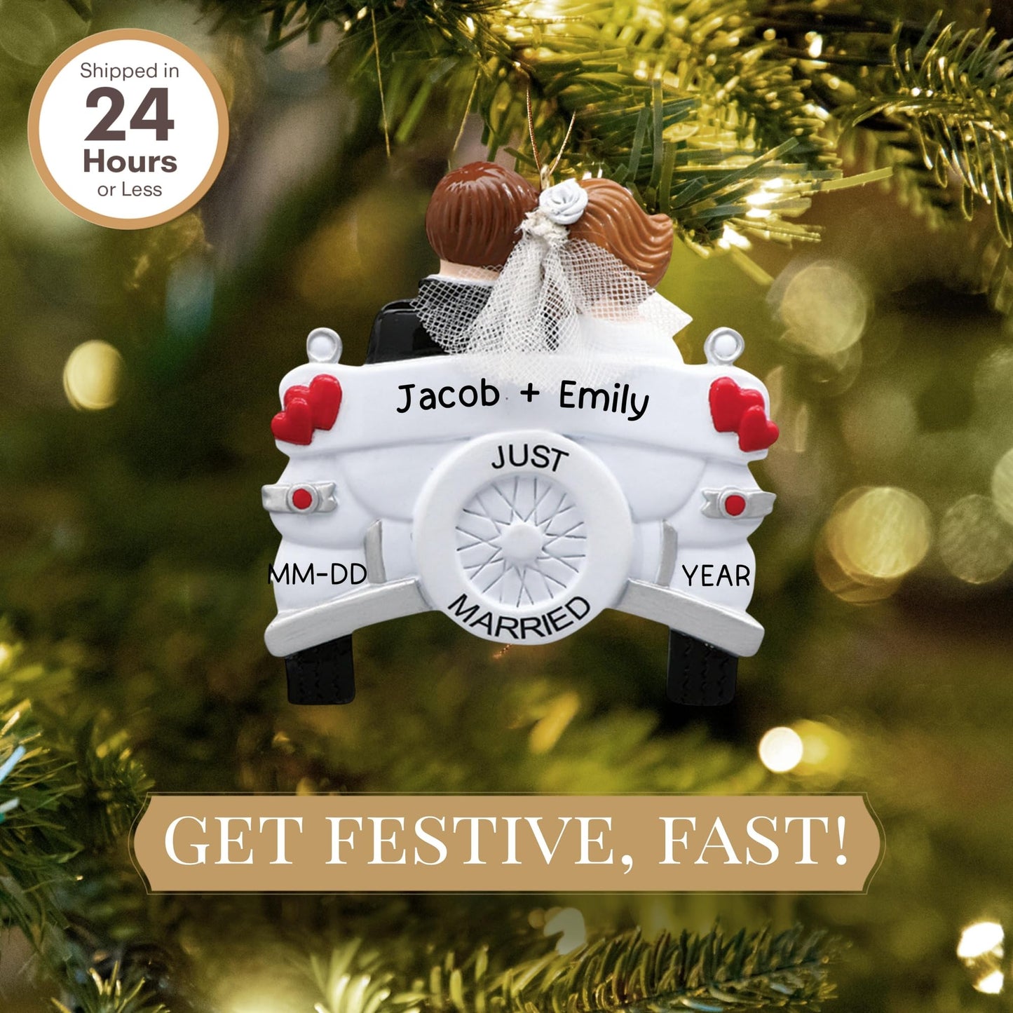 Personalized Wedding Christmas Ornament 2025 | Free 24h Customization | Laser Engraved Couple Christmas Ornaments for Tree | Custom Gift Wrapped Just Married Car Keepsake for Newly Weds, Bride & Groom