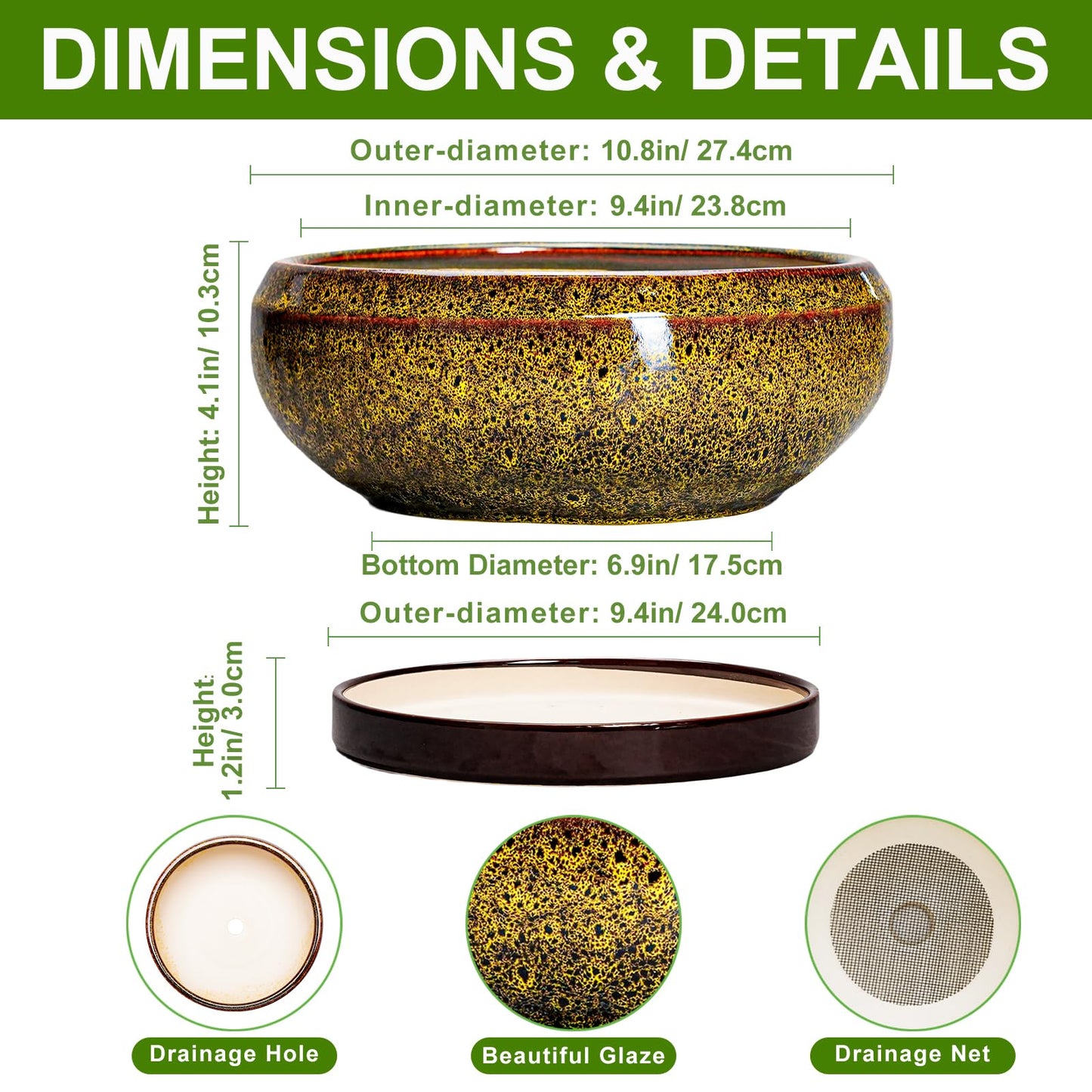 EPFamily Bonsai Pots Ceramic - 10 Inch Succulent Planters Indoor Outdoor, Shallow Planter with Drainage Hole and Saucer, Round Planter Bowl, Succulent Pots, House Decor, Gifts for Plant Lover, Yellow
