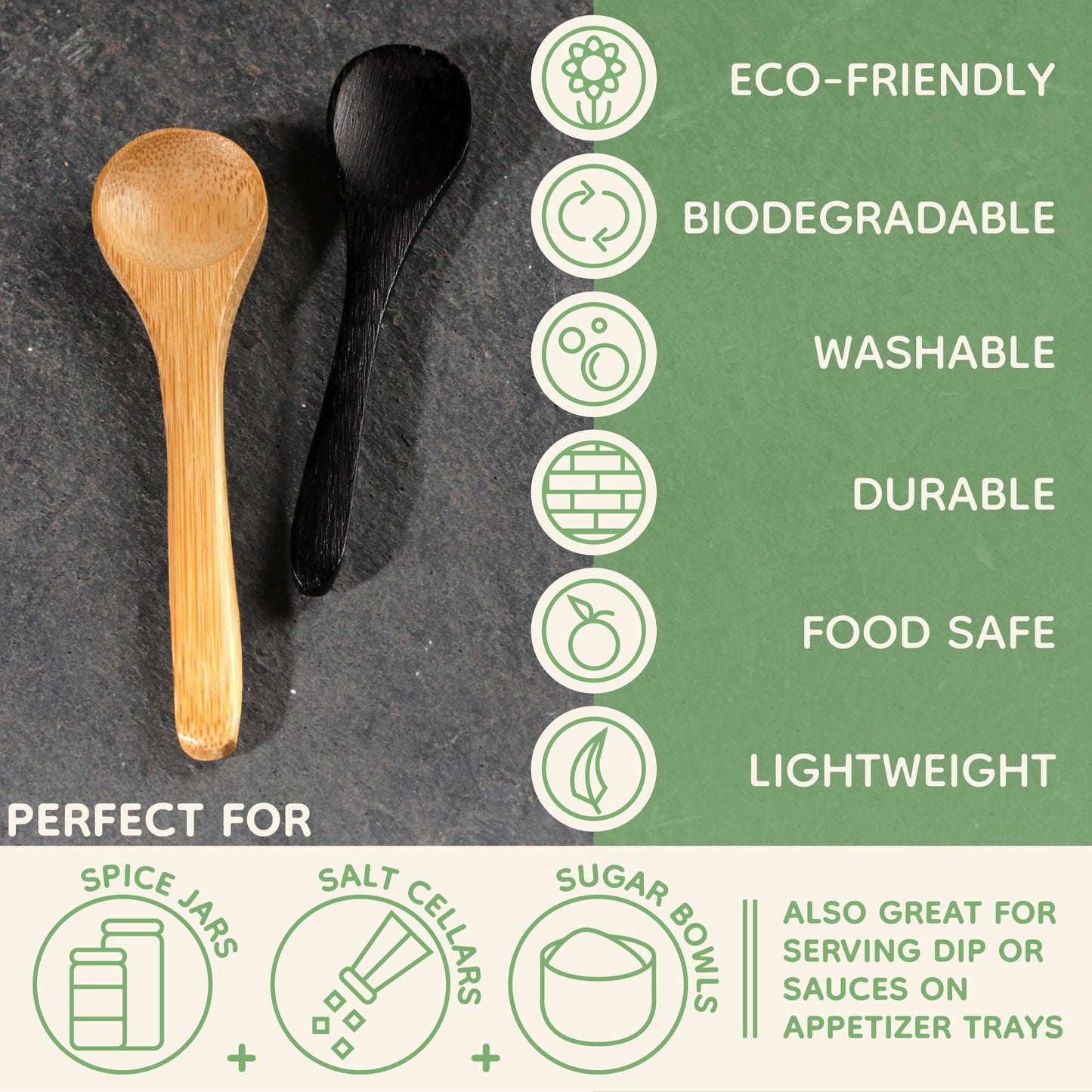 BambooMN Bamboo Serving Spoons, Mini Salt Sugar Spoon, Tiny Wooden Spoons for Spices, Carbonized Brown Round Head 3.5", 10 Pieces
