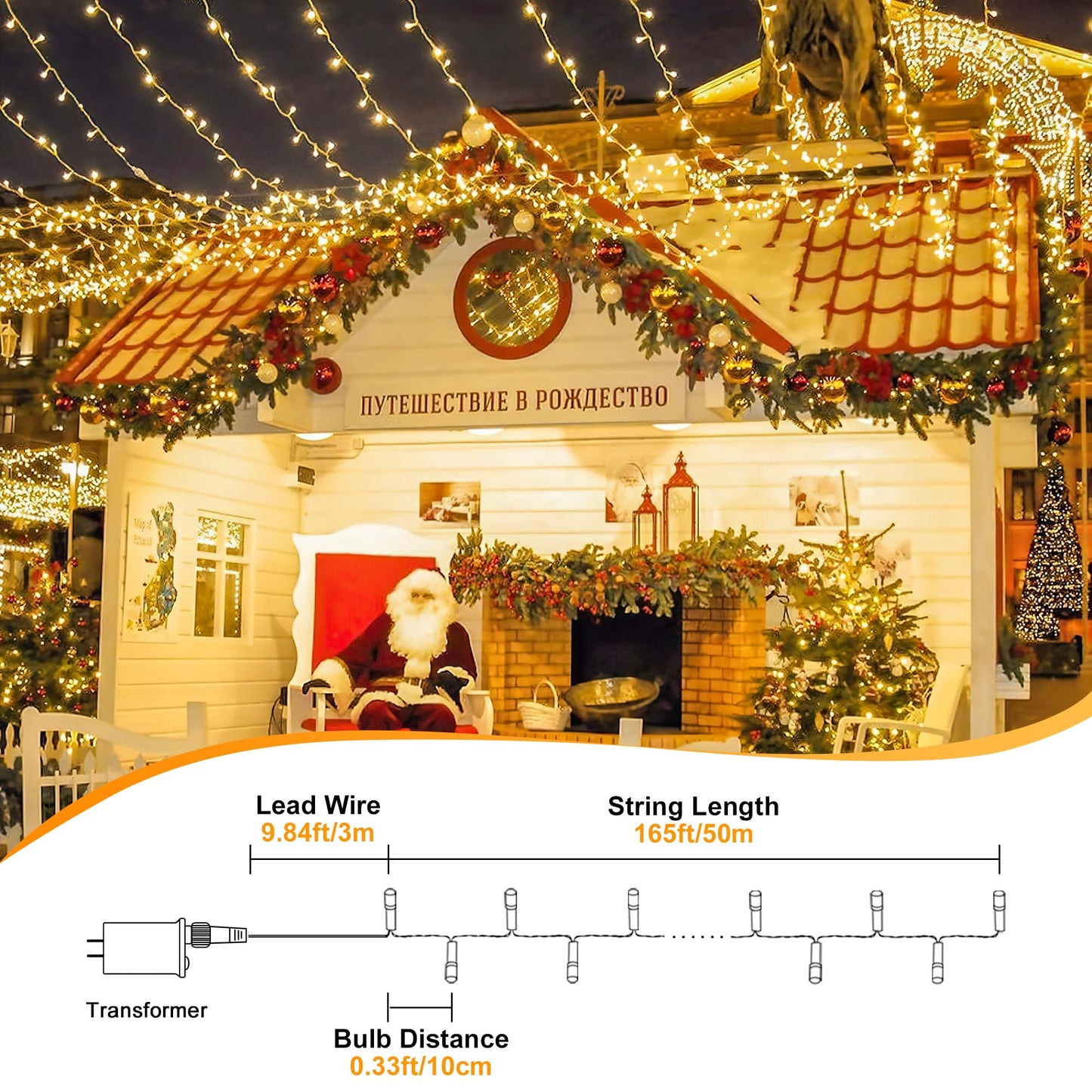 MYGOTO 165 FT 500 LED Christmas Lights Outdoor Indoor, Plug in Warm White String Lights for Outside Waterproof, Connectable Clear Wire Twinkle Light for Christmas Tree Bedroom Classroom Party Decor