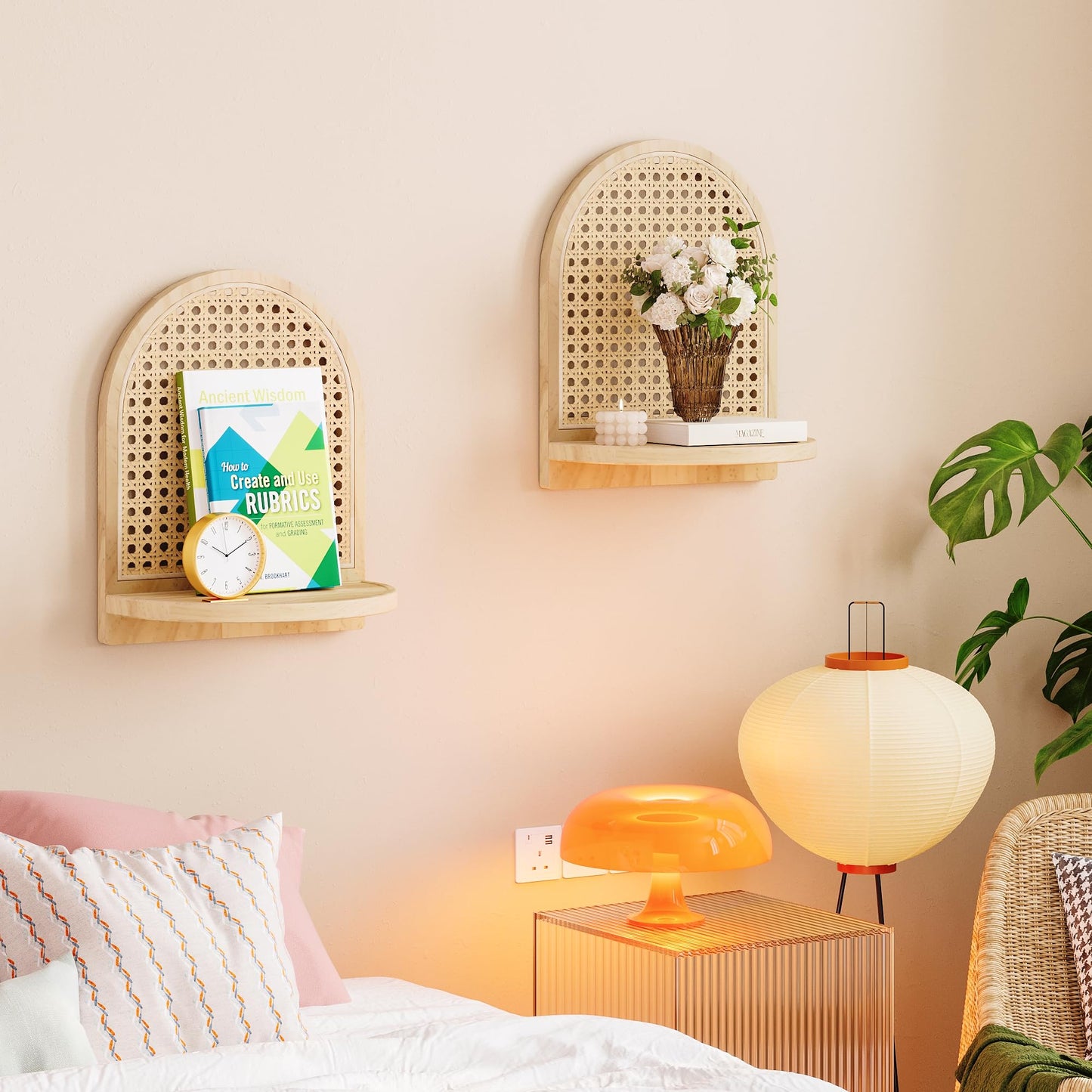 LUPWNEKA Arched Rattan Wall Shelf - Boho Rattan Floating Shelf with Grooved Edge, Unique Small Display Shelves, Natural Pine Wood Wall Decor for Bedroom, Living Room, Nursery Room, Set of 2, Natural