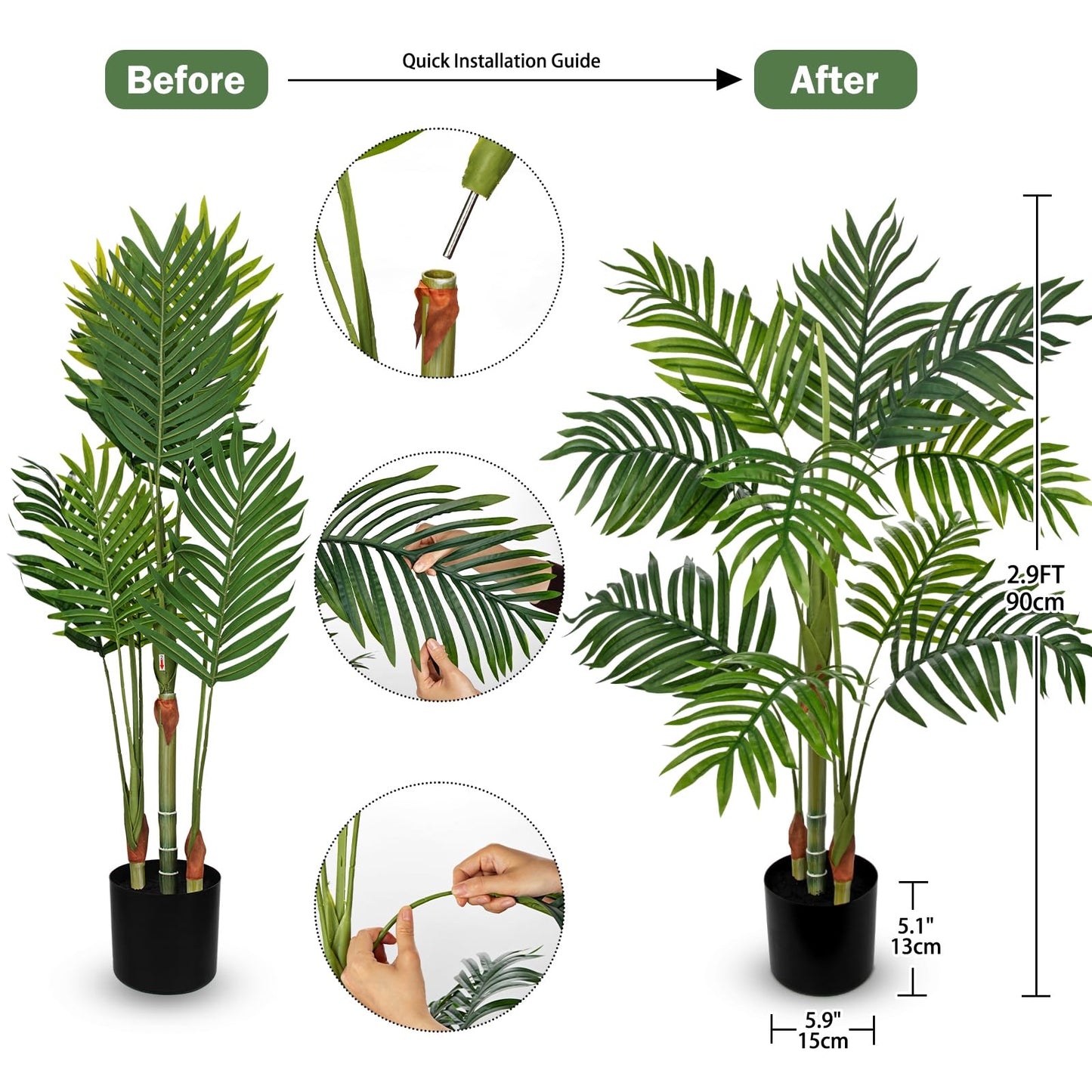 Hollyone Fake Palm Tree Decor 3FT with Planter Artificial Palm Tree Faux Tropical Areca Floor Plant in Pot with 3 Textured Trunks Silk Plant for Home Garden Outdoor Indoor Office Decor