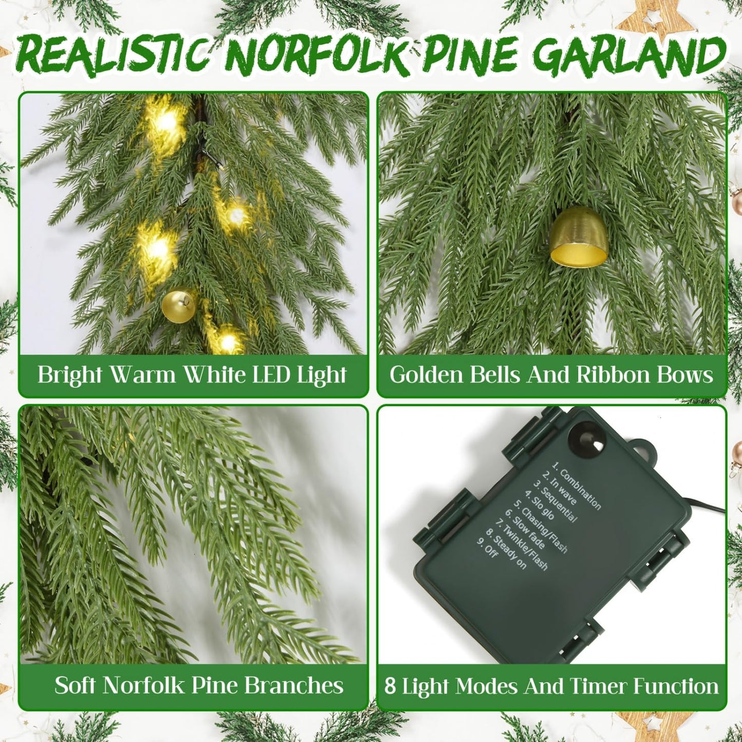 YoleShy 6FT Real Touch Norfolk Pine Garland Christmas Garland with Bell Battery Operated Prelit Garlands Christmas Decorations for Mantle Fireplace Xmas Garland Home Decor
