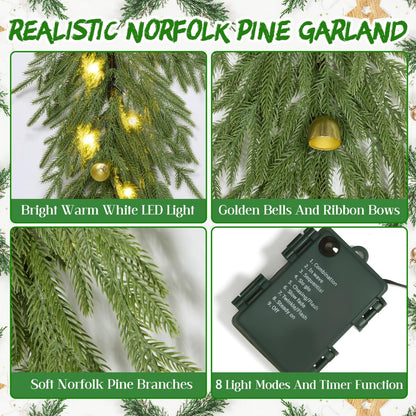 YoleShy 6FT Real Touch Norfolk Pine Garland Christmas Garland with Bell Battery Operated Prelit Garlands Christmas Decorations for Mantle Fireplace Xmas Garland Home Decor