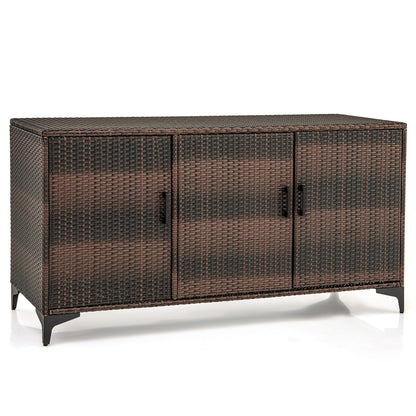 Giantex 84-Gallon Wicker Deck Box - Patio Storage Cabinet, 3-Door PE Rattan Storage Container with Removable Shelves, Indoor & Outdoor Package Box for Porch, Patio Furniture Cushions Tools (Brown)