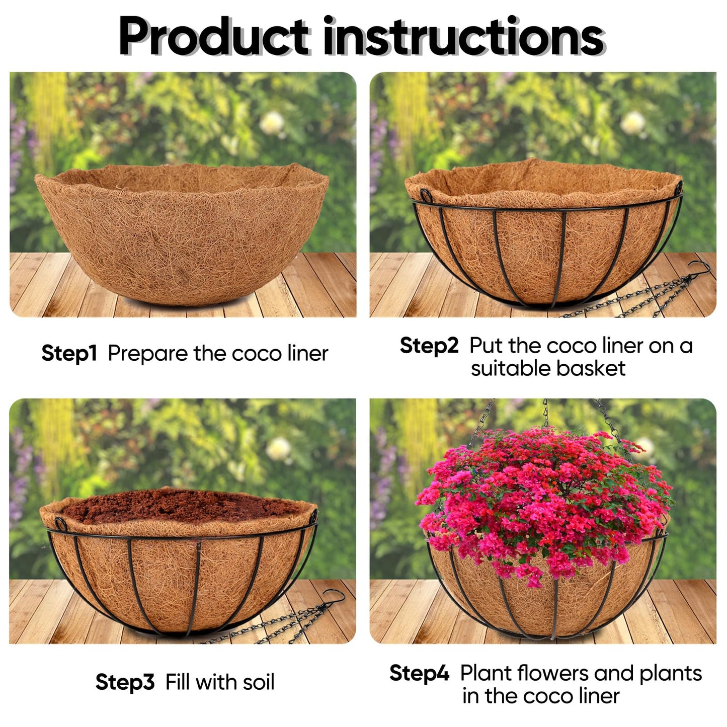 HKZ Hanging Basket Planter Plants Outdoor - 2 Pack 14 Inch Metal Hanging Planter with Coco Liners, Hanging Flower Pots with Chain Hook for Indoor Outdoor Garden Porch Decoration