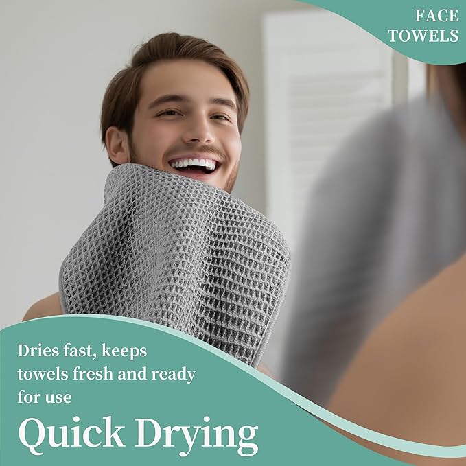 Microfiber Waffle Face Towels, 4 Pieces, Fast Drying, Lint Free 430 GSM