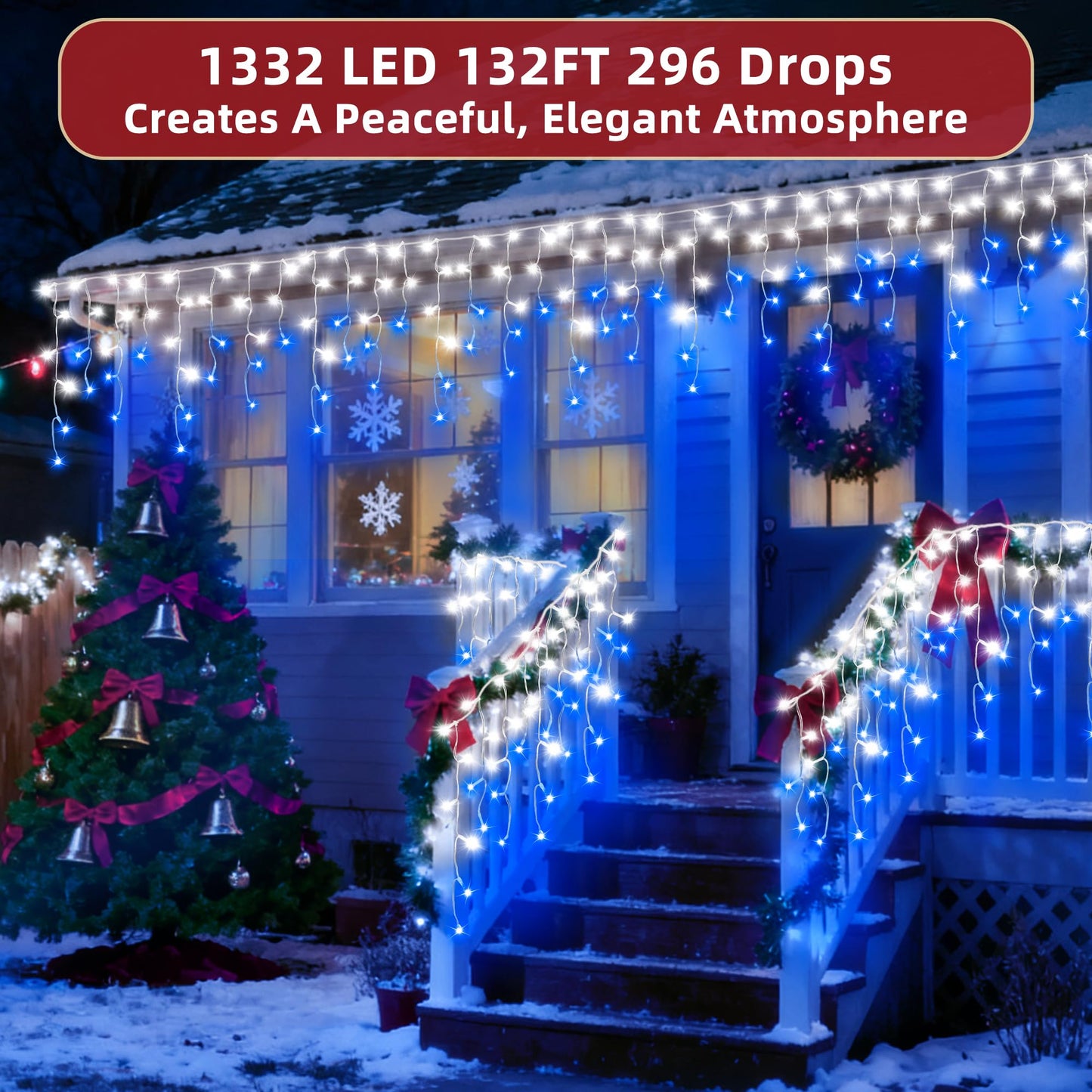 1332 LED 132ft Christmas Lights with 296 Drops, 12 Lighting Modes Blue & White Christmas Decoration Twinkling Lights Dimmable, Timer Outdoor Waterproof Fairy Lights for Indoor Garden House Eaves Roof