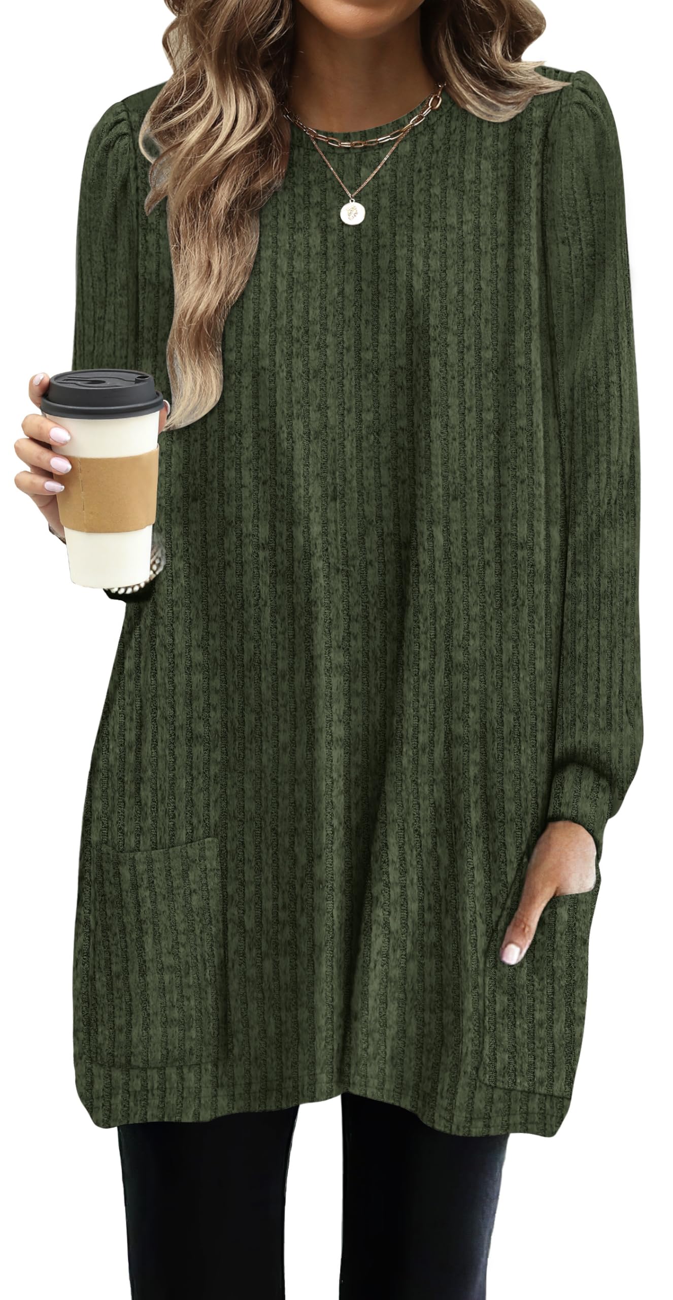 OFEEFAN Long Sleeve Shirts for Women Long Sweaters with Pockets Tunic Tops Loose Fit