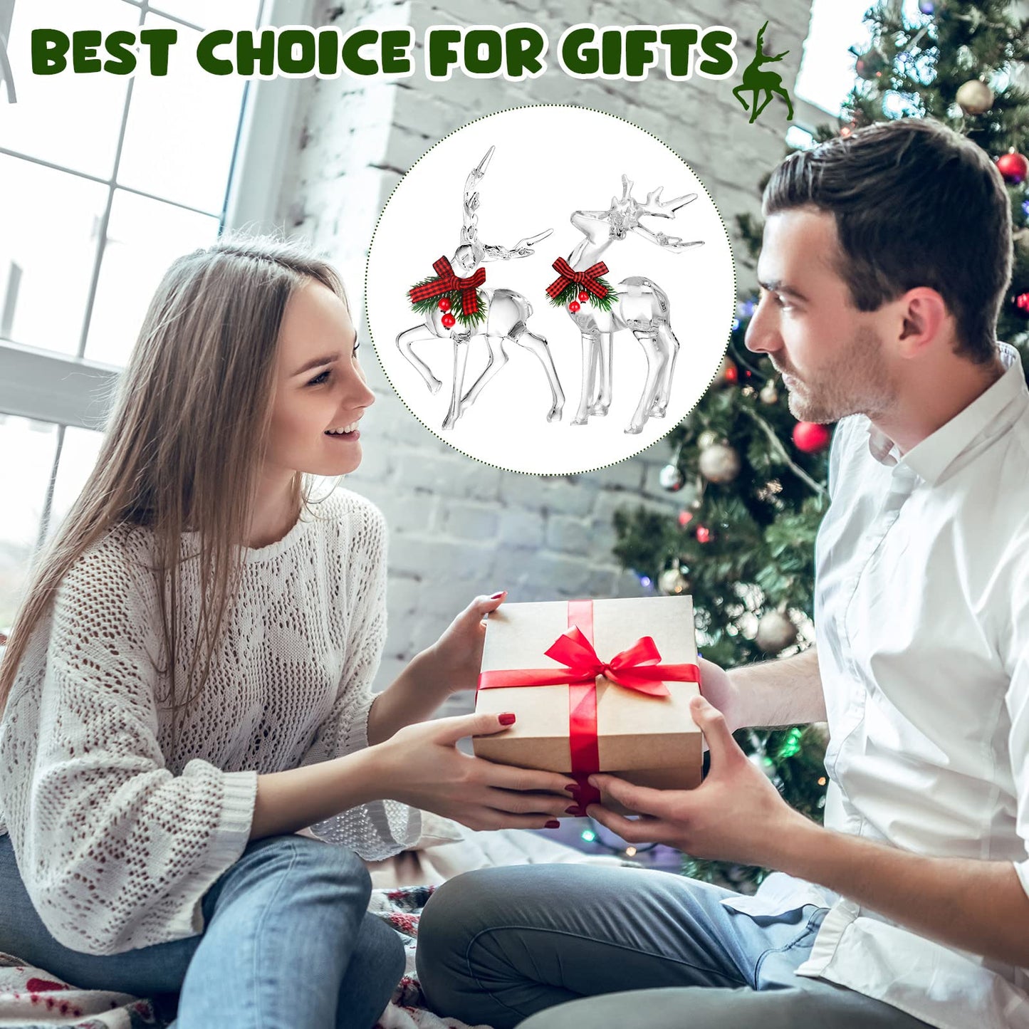 Bucherry 2 Pcs Christmas Reindeer Figurines Decoration Acrylic Deer Decor Christmas Holiday Reindeer Figurine Statues with Red Berries Bow Home Xmas Deer Decor Holiday Party Supplies(Basic Style)