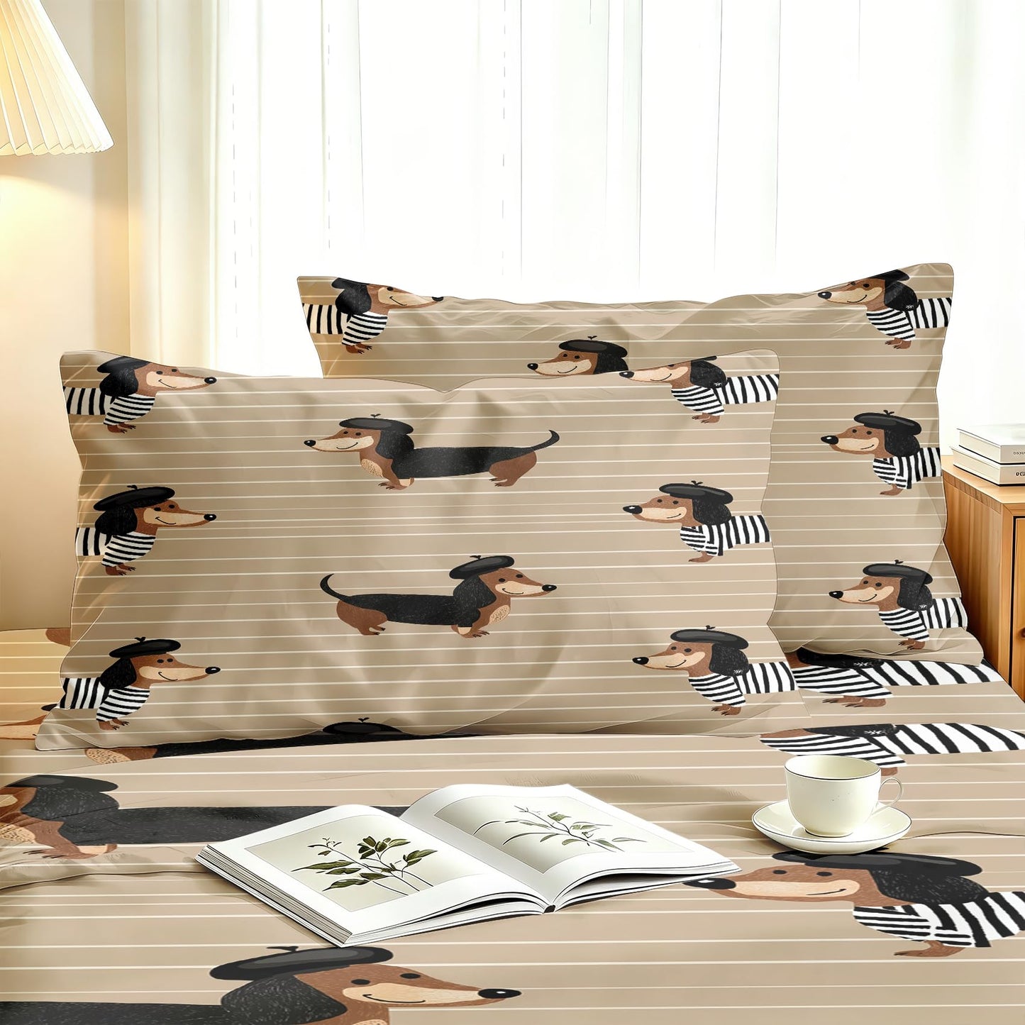 Dachshund King Sheet Set Boys Puppy Flat Fitted Sheet Sets, Cream