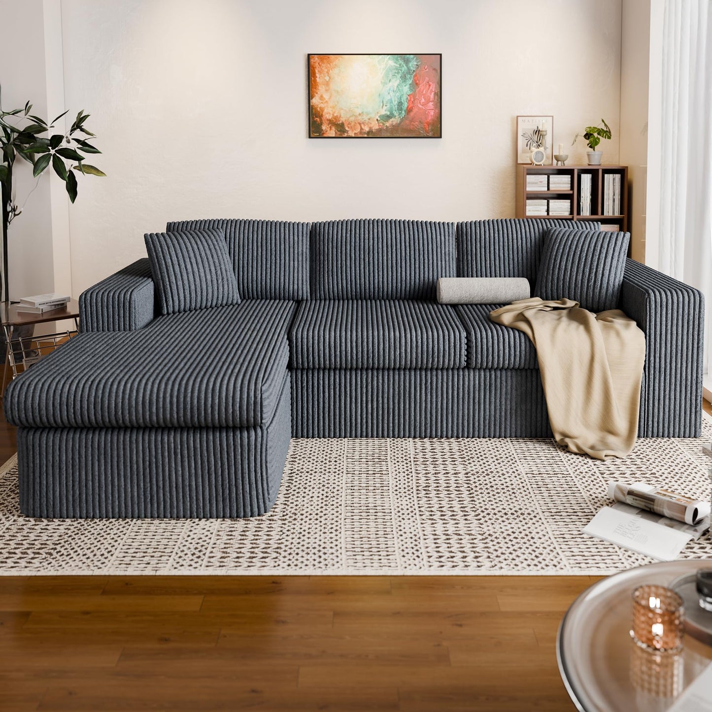 Vongrasig 105" Boneless Couches for Living Room,Sectional Couches Modular Sofa with L-Shaped Chaise, Memory Foam Comfy Cloud Couch with Plush Corduroy Fabric, No Assembly Required, (Dark Grey)